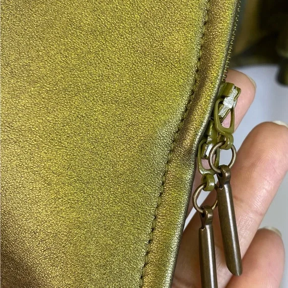 Linda Allard Ellen Tracy Metallic Green Gold Leather Jacket - Picture 5 of 10